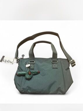 Kipling Olive Green Nylon Shoulder Tote with Monkey Keychain